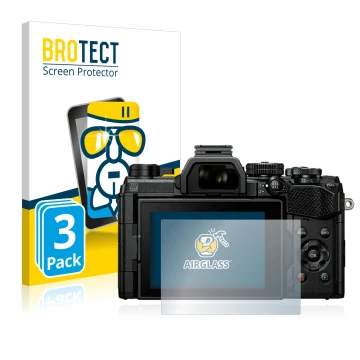 Parte frontal de un envase de producto con el logotipo de la marca BROTECT. Al lado se muestra el dispositivo Olympus OM Syste