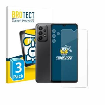 Parte frontal de un envase de producto con el logotipo de la marca BROTECT. Al lado se muestra el dispositivo Samsung Galaxy A