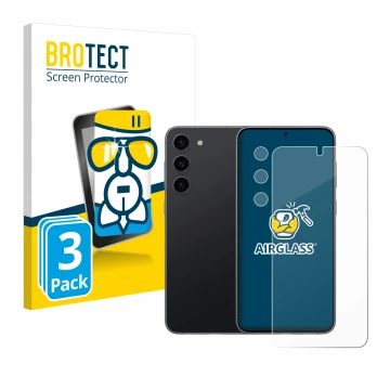 Parte frontal de un envase de producto con el logotipo de la marca BROTECT. Al lado se muestra el dispositivo Samsung Galaxy S