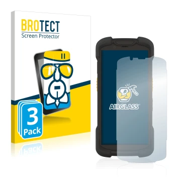 Parte frontal de un envase de producto con el logotipo de la marca BROTECT. Al lado se muestra el dispositivo Zebra TC73 con s