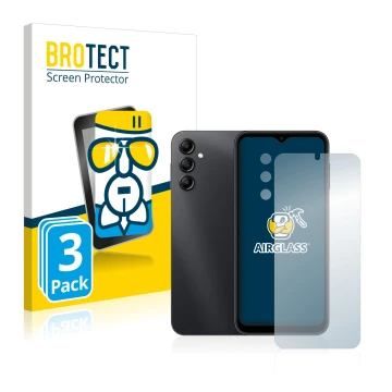 Parte frontal de un envase de producto con el logotipo de la marca BROTECT. Al lado se muestra el dispositivo Samsung Galaxy A