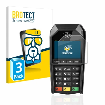 Parte frontal de un envase de producto con el logotipo de la marca BROTECT. Al lado se muestra el dispositivo ingenico Desk/16