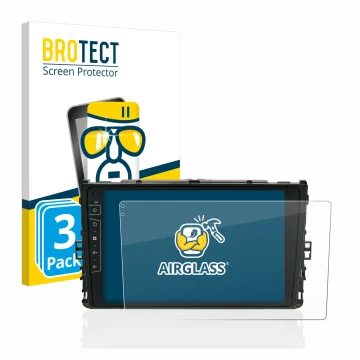 Parte frontal de un envase de producto con el logotipo de la marca BROTECT. Al lado se muestra el dispositivo Dynavin D8-DF63 