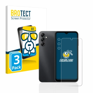 Parte frontal de un envase de producto con el logotipo de la marca BROTECT. Al lado se muestra el dispositivo Samsung Galaxy A