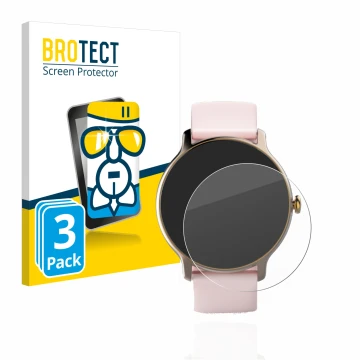 Parte frontal de un envase de producto con el logotipo de la marca BROTECT. Al lado se muestra el dispositivo Hama Fit Watch 4
