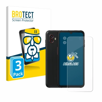 Parte frontal de un envase de producto con el logotipo de la marca BROTECT. Al lado se muestra el dispositivo Samsung Galaxy X