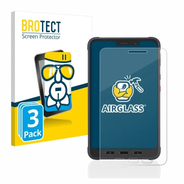 Parte frontal de un envase de producto con el logotipo de la marca BROTECT. Al lado se muestra el dispositivo Samsung Galaxy T