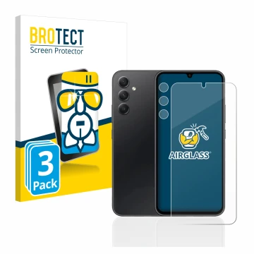 Parte frontal de un envase de producto con el logotipo de la marca BROTECT. Al lado se muestra el dispositivo Samsung Galaxy A