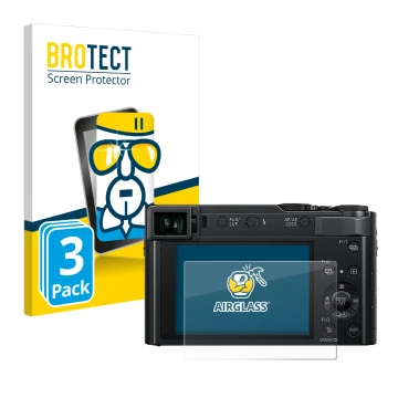 Parte frontal de un envase de producto con el logotipo de la marca BROTECT. Al lado se muestra el dispositivo Panasonic Lumix 