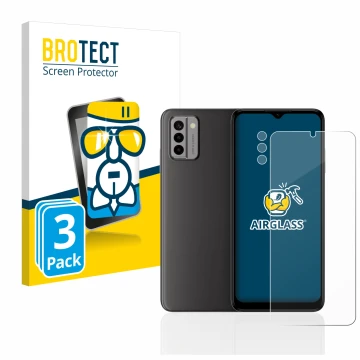 Parte frontal de un envase de producto con el logotipo de la marca BROTECT. Al lado se muestra el dispositivo Nokia G22 (Front