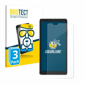 Parte frontal de un envase de producto con el logotipo de la marca BROTECT. Al lado se muestra el dispositivo Hisense A9 con s