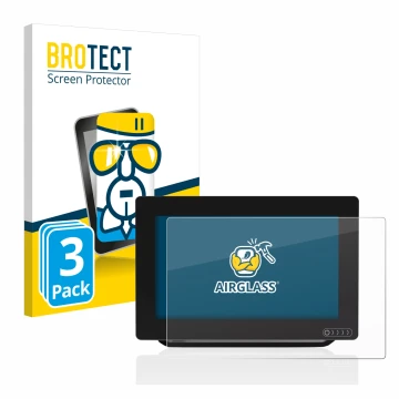 Parte frontal de un envase de producto con el logotipo de la marca BROTECT. Al lado se muestra el dispositivo Raymarine Axiom 
