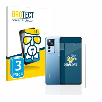 Parte frontal de un envase de producto con el logotipo de la marca BROTECT. Al lado se muestra el dispositivo Xiaomi 12T (Fron