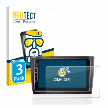 Parte frontal de un envase de producto con el logotipo de la marca BROTECT. Al lado se muestra el dispositivo Dynavin D8-DF56 