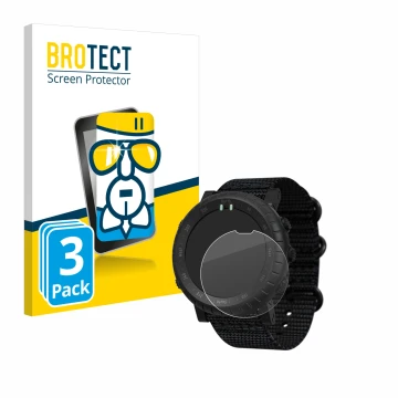 Parte frontal de un envase de producto con el logotipo de la marca BROTECT. Al lado se muestra el dispositivo Suunto Core Alph