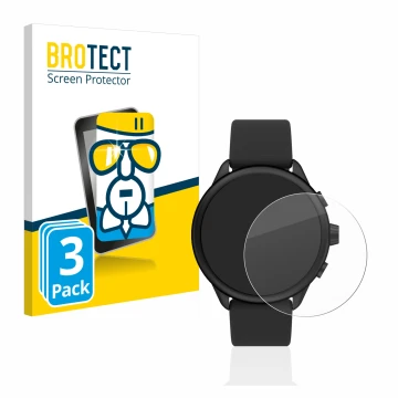 Parte frontal de un envase de producto con el logotipo de la marca BROTECT. Al lado se muestra el dispositivo Fossil Smartwatc