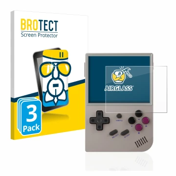 Parte frontal de un envase de producto con el logotipo de la marca BROTECT. Al lado se muestra el dispositivo Anbernic RG35XX 