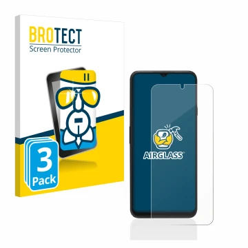 Parte frontal de un envase de producto con el logotipo de la marca BROTECT. Al lado se muestra el dispositivo Cubot P80 con su