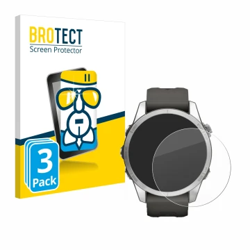 Parte frontal de un envase de producto con el logotipo de la marca BROTECT. Al lado se muestra el dispositivo Garmin Fenix 7S 