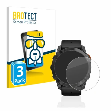 Parte frontal de un envase de producto con el logotipo de la marca BROTECT. Al lado se muestra el dispositivo Garmin Fenix 7X 