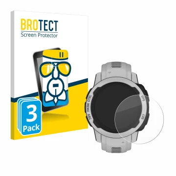 Parte frontal de un envase de producto con el logotipo de la marca BROTECT. Al lado se muestra el dispositivo Garmin Instinct 