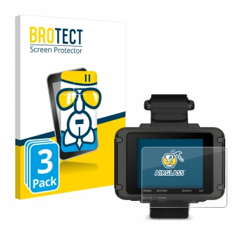 Parte frontal de un envase de producto con el logotipo de la marca BROTECT. Al lado se muestra el dispositivo Garmin Foretrex 