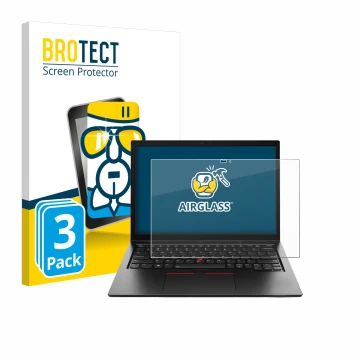 Parte frontal de un envase de producto con el logotipo de la marca BROTECT. Al lado se muestra el dispositivo Lenovo ThinkPad 