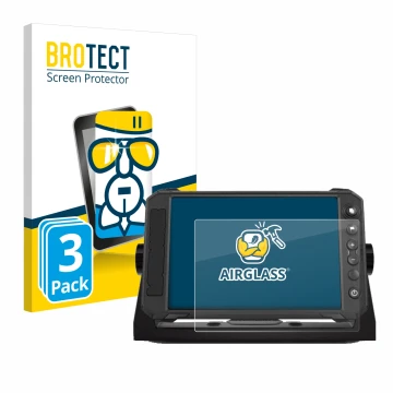 Parte frontal de un envase de producto con el logotipo de la marca BROTECT. Al lado se muestra el dispositivo Lowrance Elite F