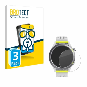 Parte frontal de un envase de producto con el logotipo de la marca BROTECT. Al lado se muestra el dispositivo Huami Amazfit Ch