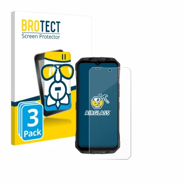 Parte frontal de un envase de producto con el logotipo de la marca BROTECT. Al lado se muestra el dispositivo Doogee V Max con