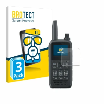 Parte frontal de un envase de producto con el logotipo de la marca BROTECT. Al lado se muestra el dispositivo Kenwood TH-D75E 