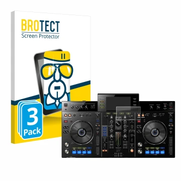Parte frontal de un envase de producto con el logotipo de la marca BROTECT. Al lado se muestra el dispositivo Pioneer XDJ-RX c