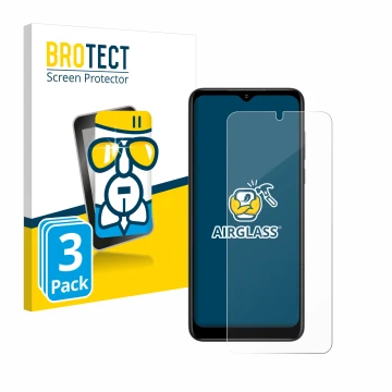Parte frontal de un envase de producto con el logotipo de la marca BROTECT. Al lado se muestra el dispositivo ZTE Blade V50 De