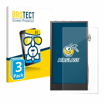 Parte frontal de un envase de producto con el logotipo de la marca BROTECT. Al lado se muestra el dispositivo Astell&Kern A&fu
