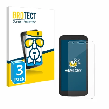 Parte frontal de un envase de producto con el logotipo de la marca BROTECT. Al lado se muestra el dispositivo Zebra TC27 con s