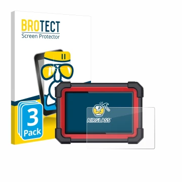Parte frontal de un envase de producto con el logotipo de la marca BROTECT. Al lado se muestra el dispositivo Launch X-431 CRP