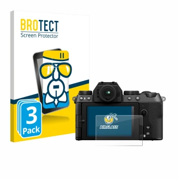 Parte frontal de un envase de producto con el logotipo de la marca BROTECT. Al lado se muestra el dispositivo Fujifilm X-S20 c