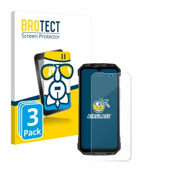Parte frontal de un envase de producto con el logotipo de la marca BROTECT. Al lado se muestra el dispositivo Doogee S110 con 