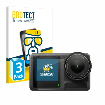 Parte frontal de un envase de producto con el logotipo de la marca BROTECT. Al lado se muestra el dispositivo DJI Osmo Action 