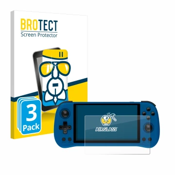 Parte frontal de un envase de producto con el logotipo de la marca BROTECT. Al lado se muestra el dispositivo Powkiddy X55 con