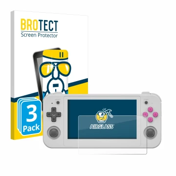 Parte frontal de un envase de producto con el logotipo de la marca BROTECT. Al lado se muestra el dispositivo Anbernic RG505 c