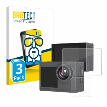 Parte frontal de un envase de producto con el logotipo de la marca BROTECT. Al lado se muestra el dispositivo Akaso Brave 4 Pr