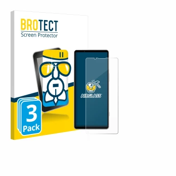 Parte frontal de un envase de producto con el logotipo de la marca BROTECT. Al lado se muestra el dispositivo Sony Xperia 5 V 