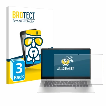 Parte frontal de un envase de producto con el logotipo de la marca BROTECT. Al lado se muestra el dispositivo HP Envy x360 2-i