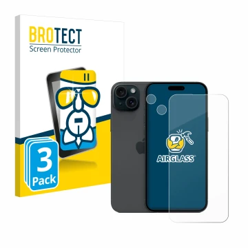 Parte frontal de un envase de producto con el logotipo de la marca BROTECT. Al lado se muestra el dispositivo Apple iPhone 15 