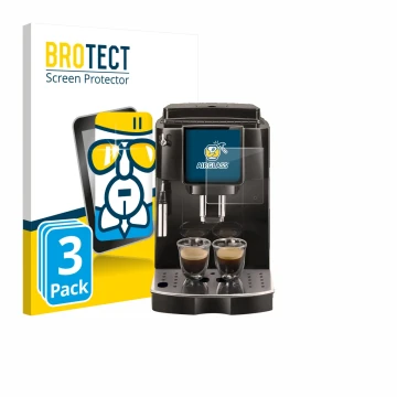 Parte frontal de un envase de producto con el logotipo de la marca BROTECT. Al lado se muestra el dispositivo DeLonghi Magnifi