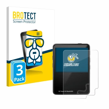 Parte frontal de un envase de producto con el logotipo de la marca BROTECT. Al lado se muestra el dispositivo HifiWalker H2 to