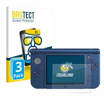 Parte frontal de un envase de producto con el logotipo de la marca BROTECT. Al lado se muestra el dispositivo Nintendo New 3DS