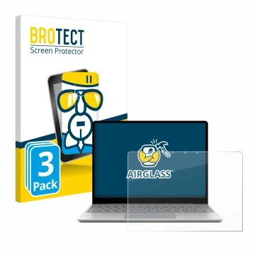 Parte frontal de un envase de producto con el logotipo de la marca BROTECT. Al lado se muestra el dispositivo Microsoft Surfac