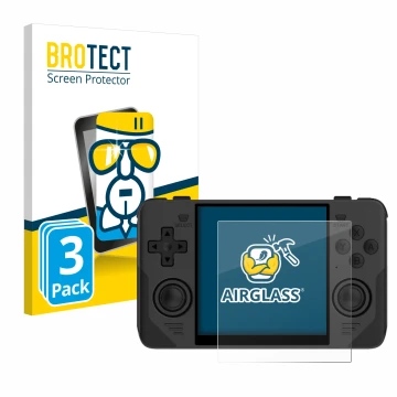 Parte frontal de un envase de producto con el logotipo de la marca BROTECT. Al lado se muestra el dispositivo Powkiddy RGB30 c